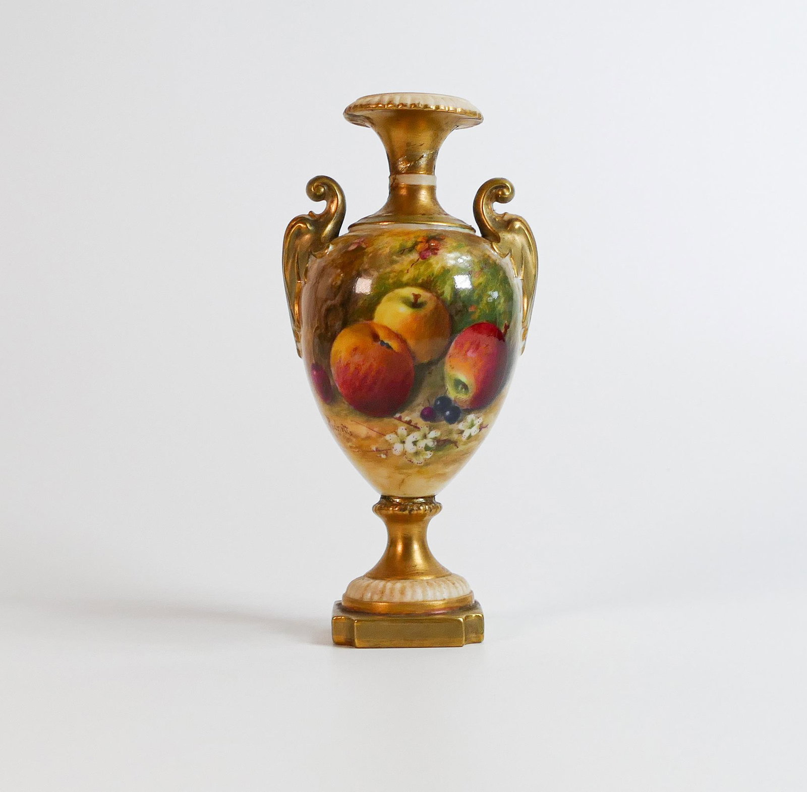 Royal Worcester Gilded Vase Hand Painted With Fruit By Ricketts