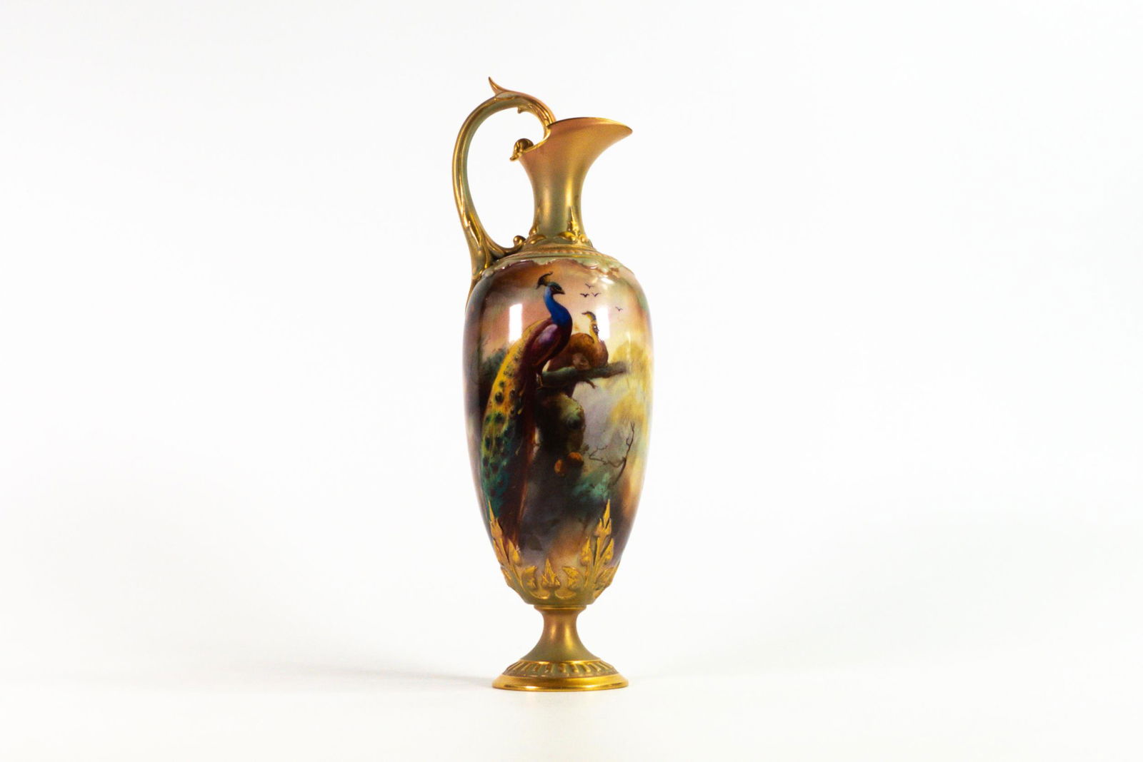 Royal Worcester ewer decorated with Peacocks by R Austin, shape B274, green factory mark, h.29cm. (1 of 4)