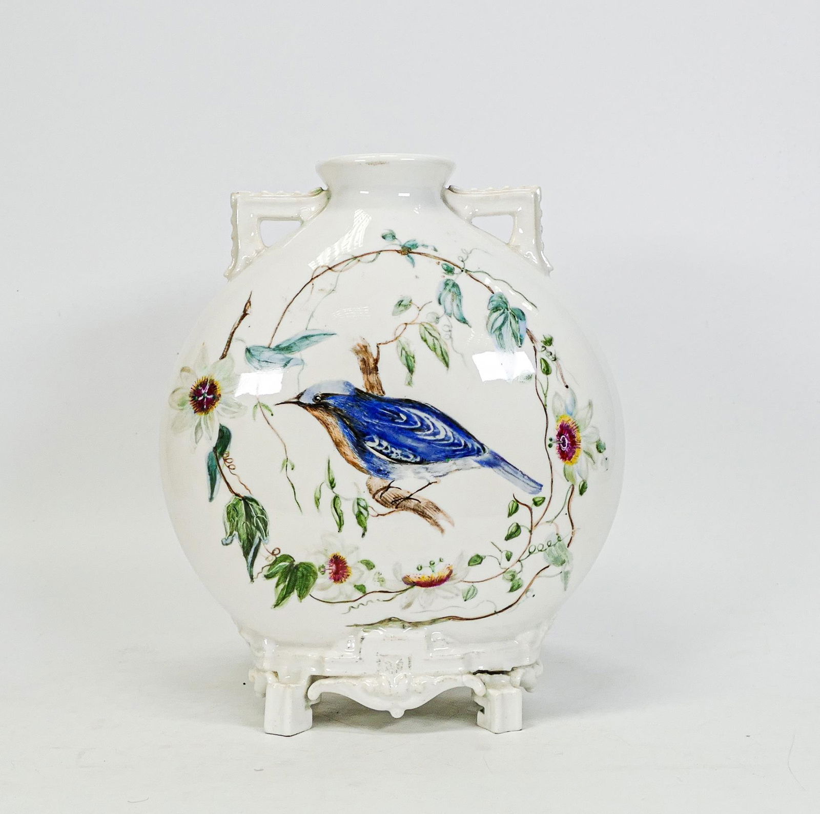 19th century Royal Worcester Moon Flask, hand decorated with bird, flowers, foliage and hand written (1 of 5)