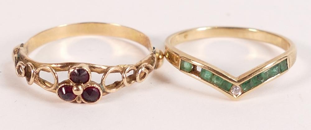 14ct gold ladies emerald & diamond ring, size O/P (one stone missing), 1.8g and yellow metal ring, (1 of 3)