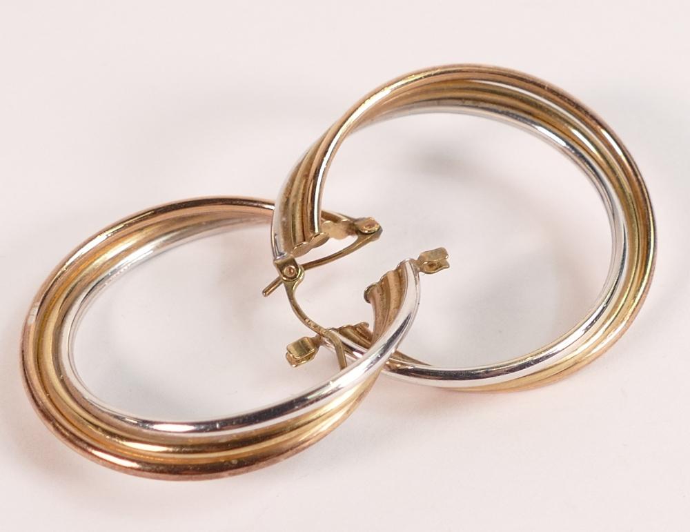 Pair 9ct three-colour gold hoop earrings, 3.8g. (1 of 3)