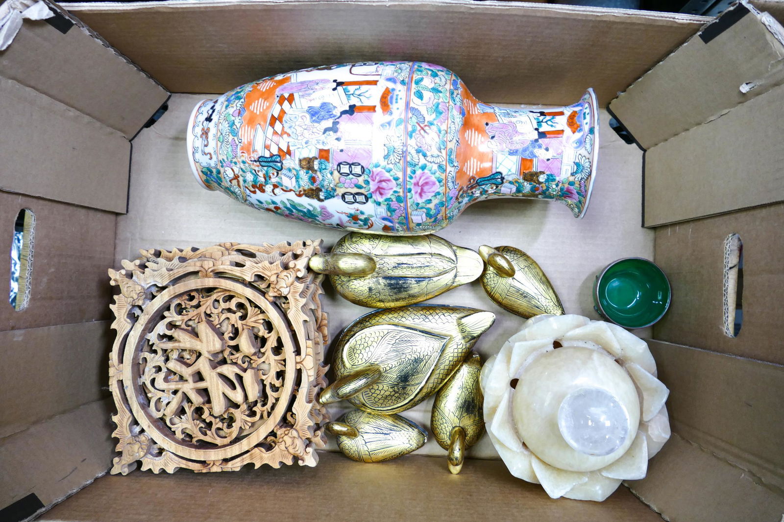 A collection of oriental items to include carved wood wall panels, set of Golden ducks, soap stone (1 of 1)