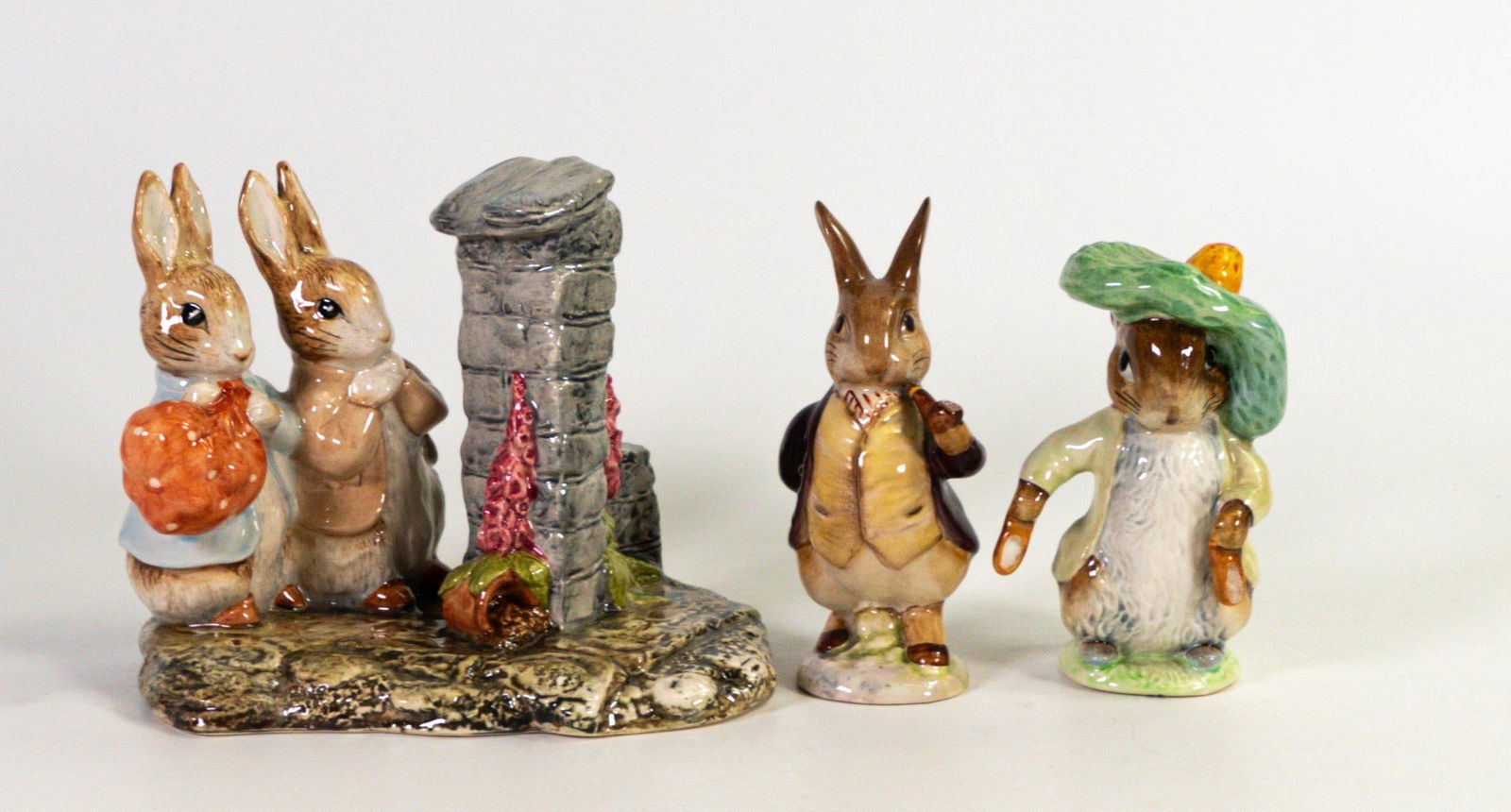 Beswick Beatrix Potter limited edition tableau of Hiding from the cat ( boxed with certificate): Beswick Beatrix Potter limited edition tableau of Hiding from the cat ( boxed with certificate) together with Mr Benjamin Bunny, maroon coat , gold backstamp and Benjamin Bunny hand out (3)