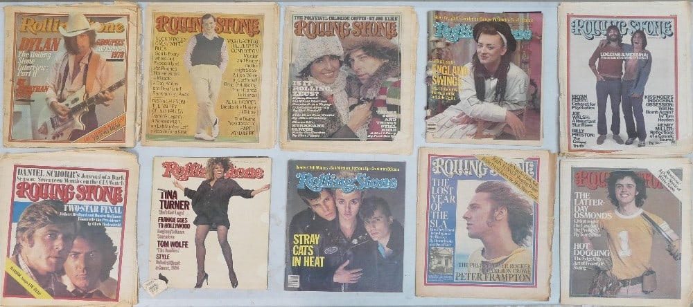 A Collection of 1970's Rolling Stones Magazines. Including cover art of Bob Dylan, Tina Turner,: A Collection of 1970's Rolling Stones Magazines. Including cover art of Bob Dylan, Tina Turner, Bryan Ferry, Stray Cats etc.