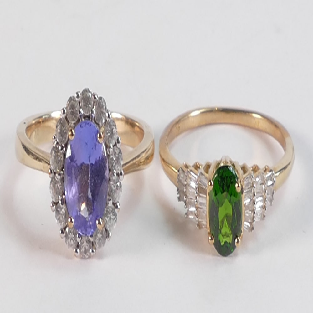 9ct gold diopside & 22 diamonds ring size R/S, together with 9ct tanzanite & natural zircon cluster (1 of 3)