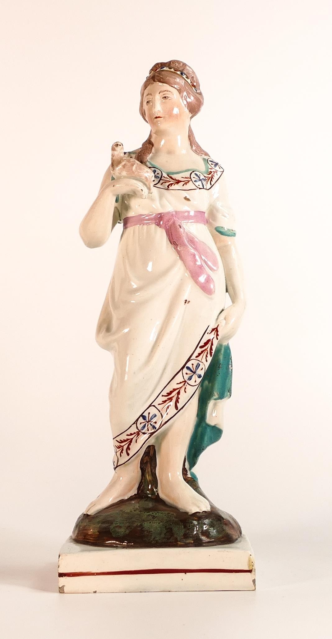 18th century Pearlware figure of Venus with Dove. Painted in muted colour palette of overglaze (1 of 4)
