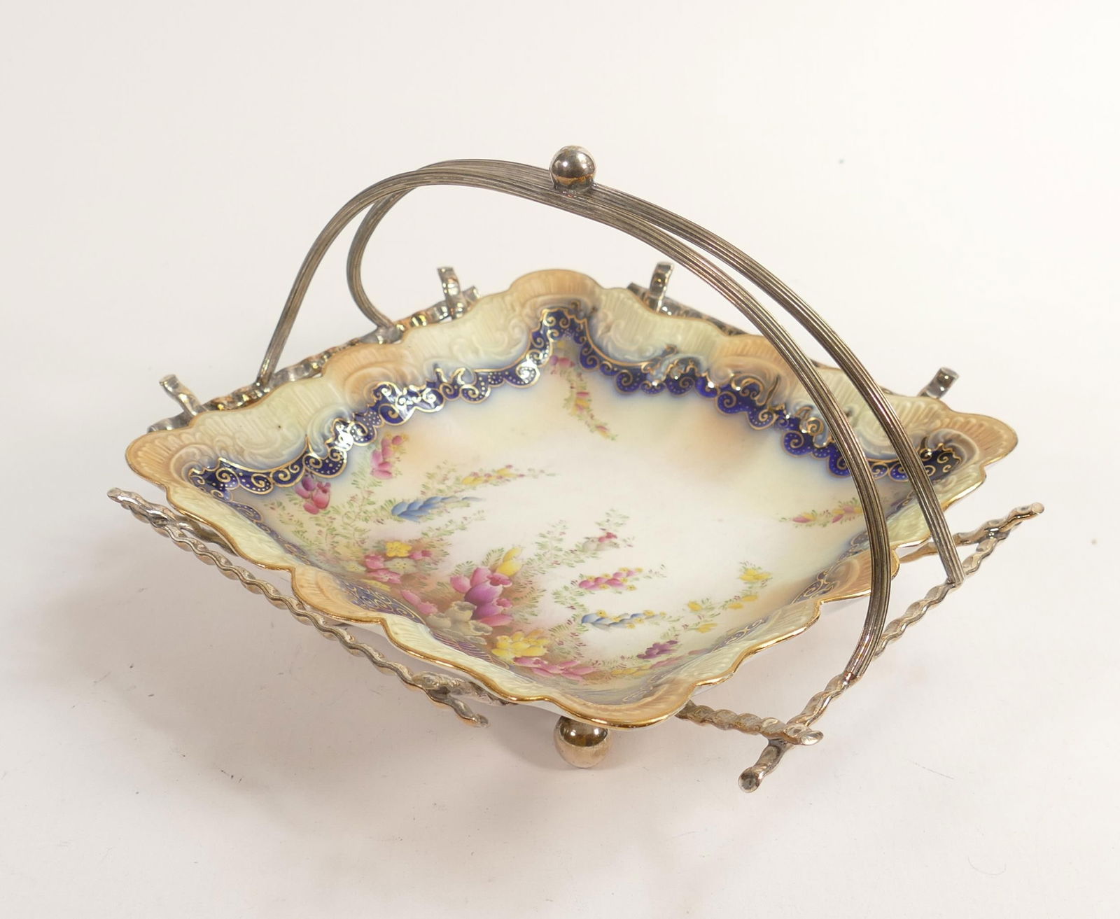 Carlton blush ware metal mounted square Entree dish, with Heather decoration, by Wiltshaw &: Carlton blush ware metal mounted square Entree dish, with Heather decoration, by Wiltshaw & Robinson, c1900, length 25cm, height 15cm