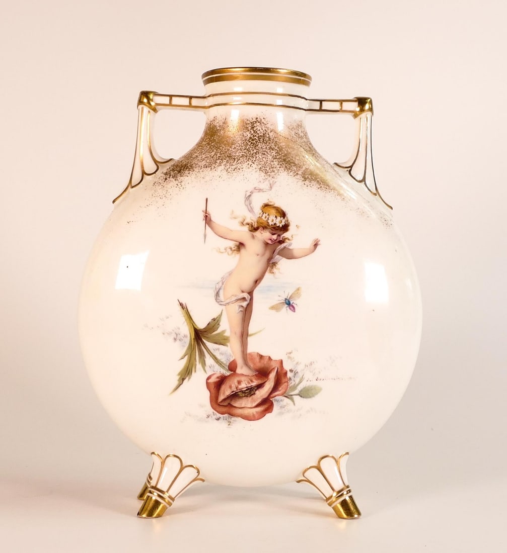 Minton Moon flask decorated with a cherub standing on a poppy, painted and signed by Antonin: Minton Moon flask decorated with a cherub standing on a poppy, painted and signed by Antonin Boullemier. Height 23.5cm - restored top rim and hairline crack around one handle and on neck.