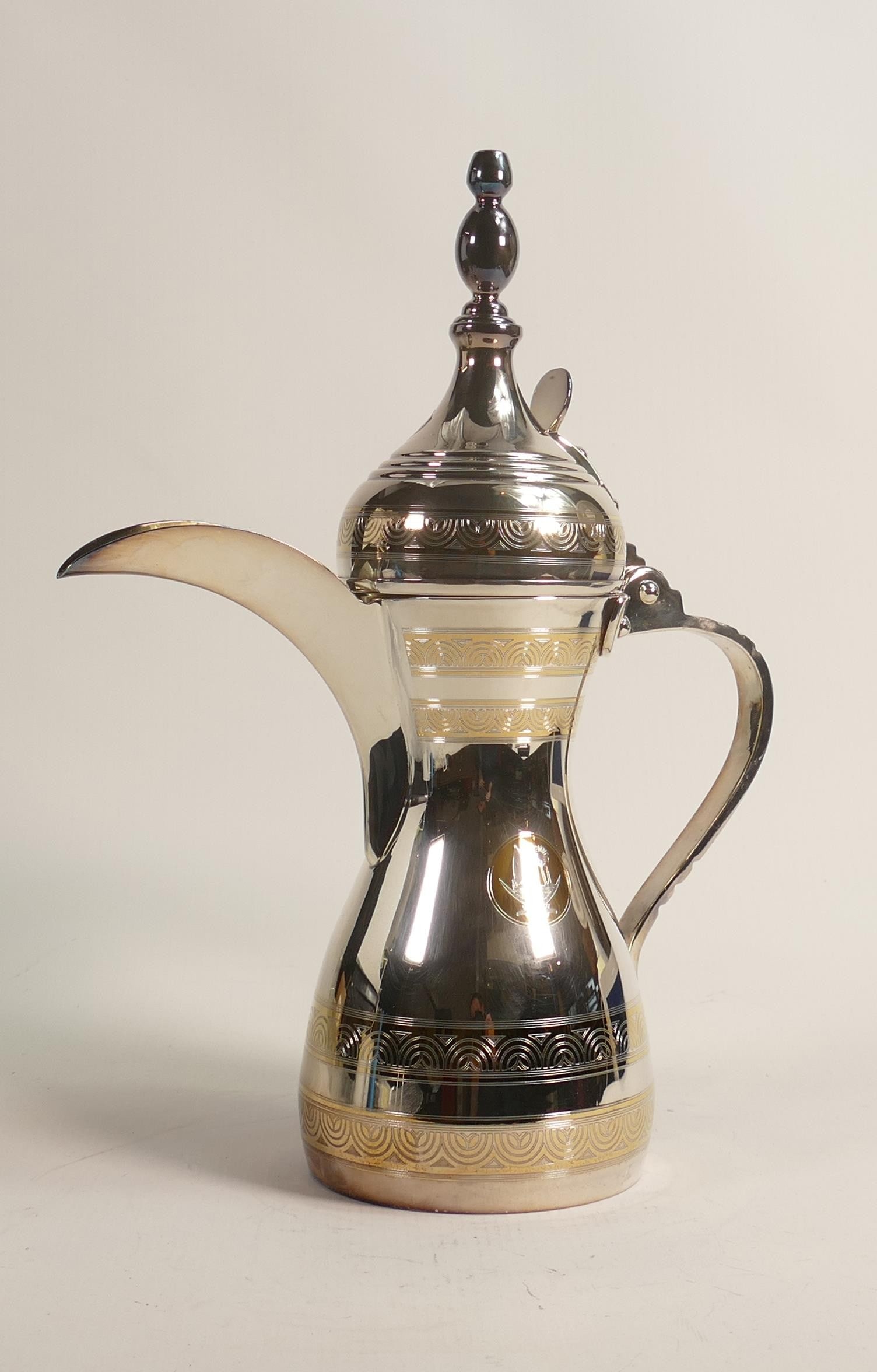 De Lamerie Fine Silverware plated large Arabic Finjan coffee pot with personised decoration,: De Lamerie Fine Silverware plated large Arabic Finjan coffee pot with personised decoration, specially made high end quality item, height 34cm