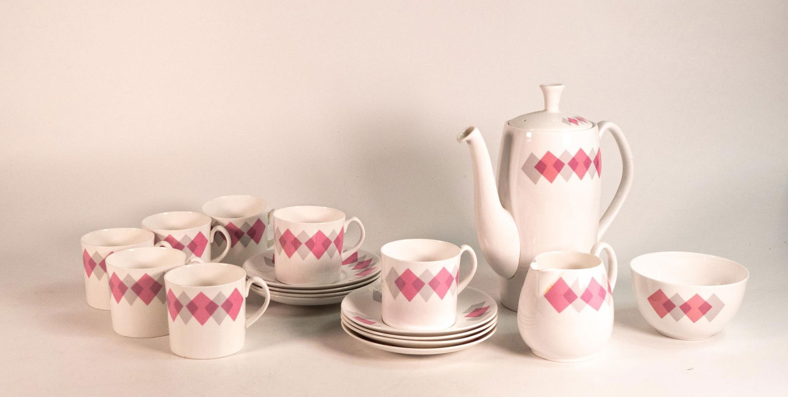 Shelley coffee set in the Avon shape, pink Harlequin 1419 to include coffee pot, 7 coffee cans, 8 (1 of 1)