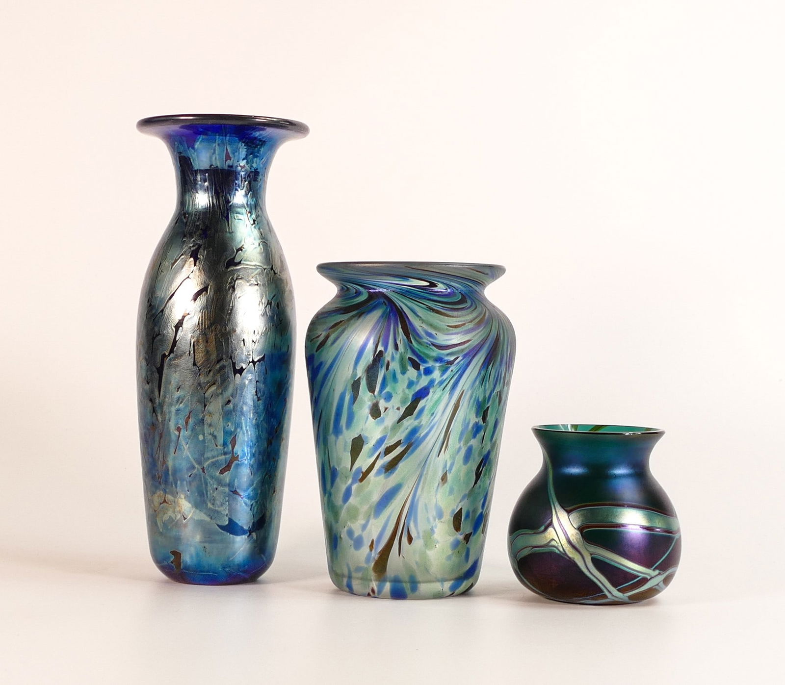 Okra small glass vase together with a Gozo iridescent glass vase and similar. Height of tallest 20cm (1 of 3)