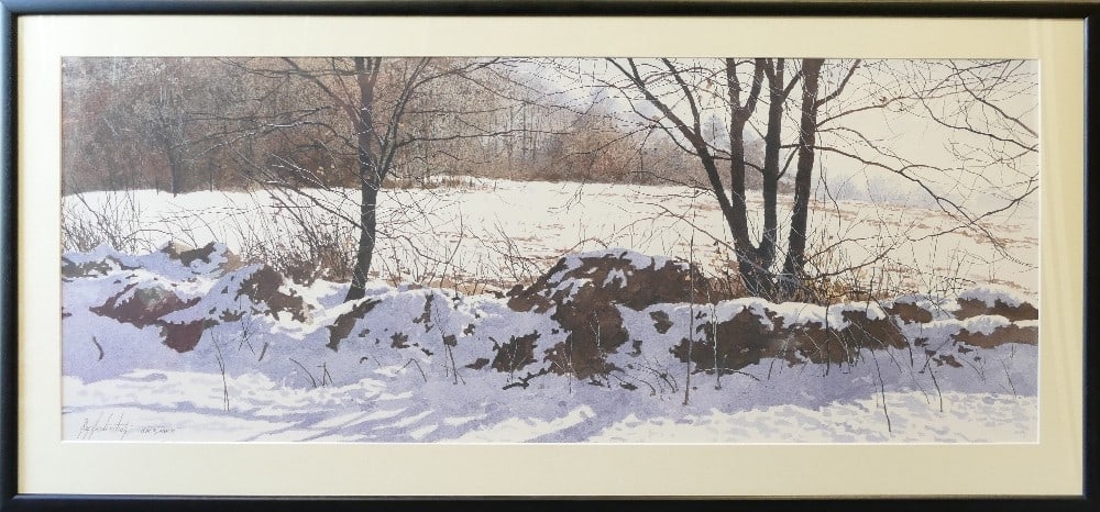 Ray Hendershot (1931-2019), print of snowy landscape "The Stone Row" 42cm x 98cm, (1 of 2)