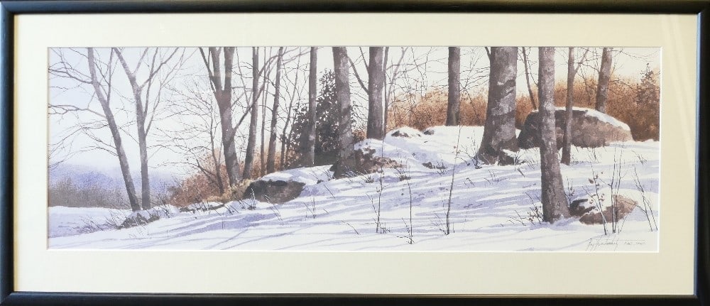 Ray Hendershot (1931-2019), print of snowy landscape "First Snow" 26cm x 79cm, framed (1 of 2)