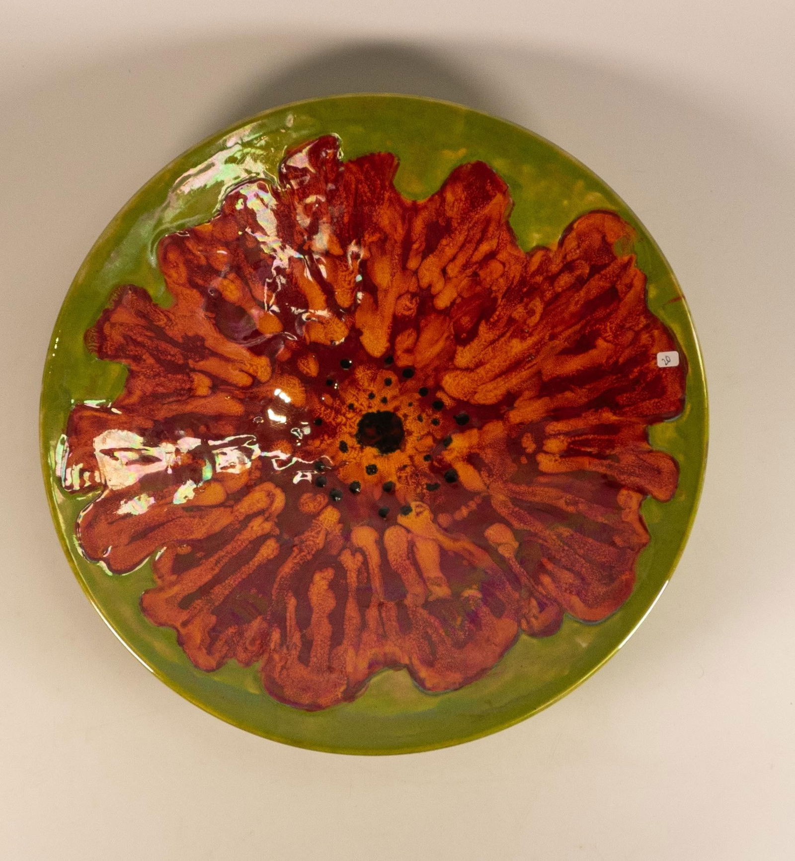Lise B. Moorcroft for Poole Pottery cast charger, 2000 with vibrant poppy on lime decoration,: Lise B. Moorcroft for Poole Pottery cast charger, 2000 with vibrant poppy on lime decoration, diameter 40.5cm