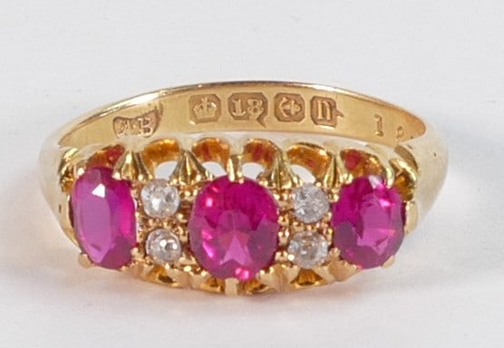 18ct gold ring set rubies & diamond.  Clearly hallmarked for Birmingham 1912.  Ring size N, weight (1 of 2)