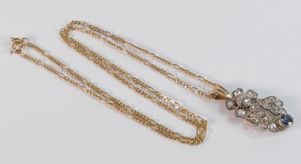 9ct chain measuring 50cm, weight 3.39g, together with an antique old cut diamond & single sapphire (1 of 1)
