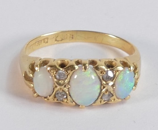 18ct gold three stone opal and diamond ring, size K, 4.1g. (1 of 3)