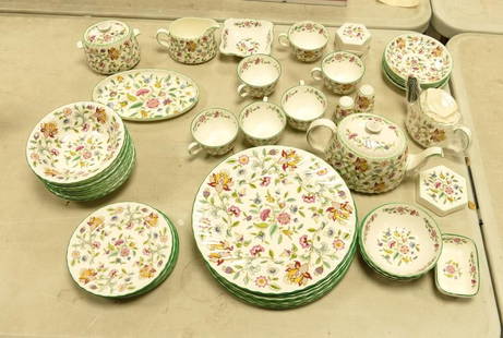 A large collection of Minton Haddon Hall Patterned tea & dinner ware to tea set, 8 x 27cm dinner: A large collection of Minton Haddon Hall Patterned tea & dinner ware to tea set, 8 x 27cm dinner plates, 10 fruit bowls, miniature teapot etc (49 pieces in 3 trays)