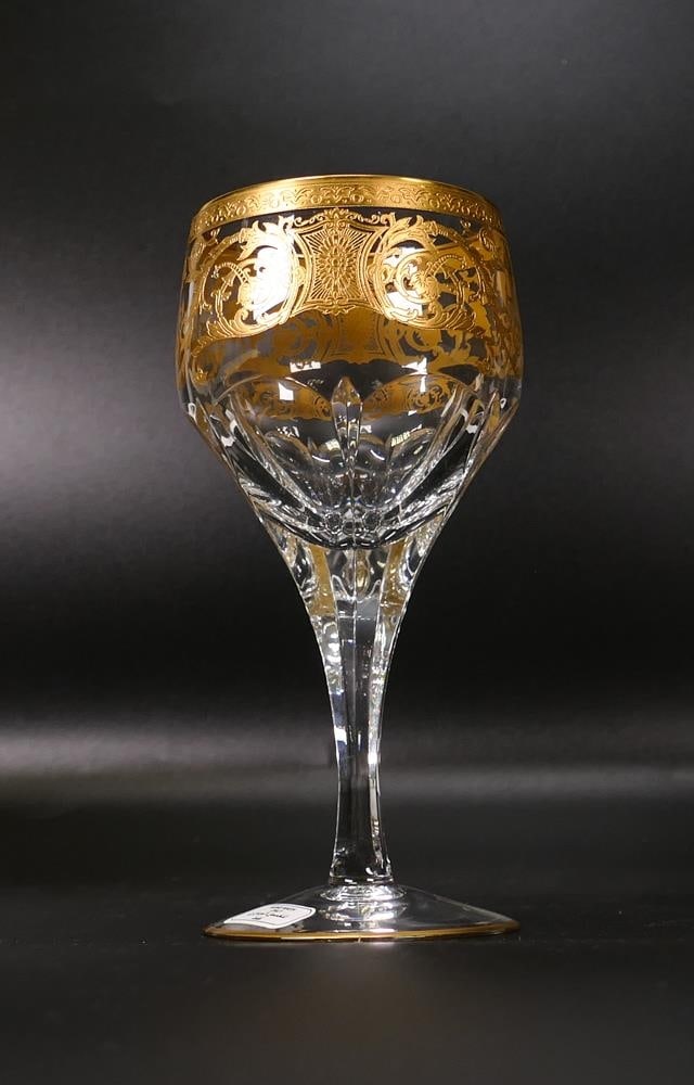 Four De Lamerie Fine Bone China heavily gilded Robert Adam Pattern Red Wine Glass Goblets in: Four De Lamerie Fine Bone China heavily gilded Robert Adam Pattern Red Wine Glass Goblets in presentation boxes , specially made high end quality item, Made in England, in presentation packaging, heig