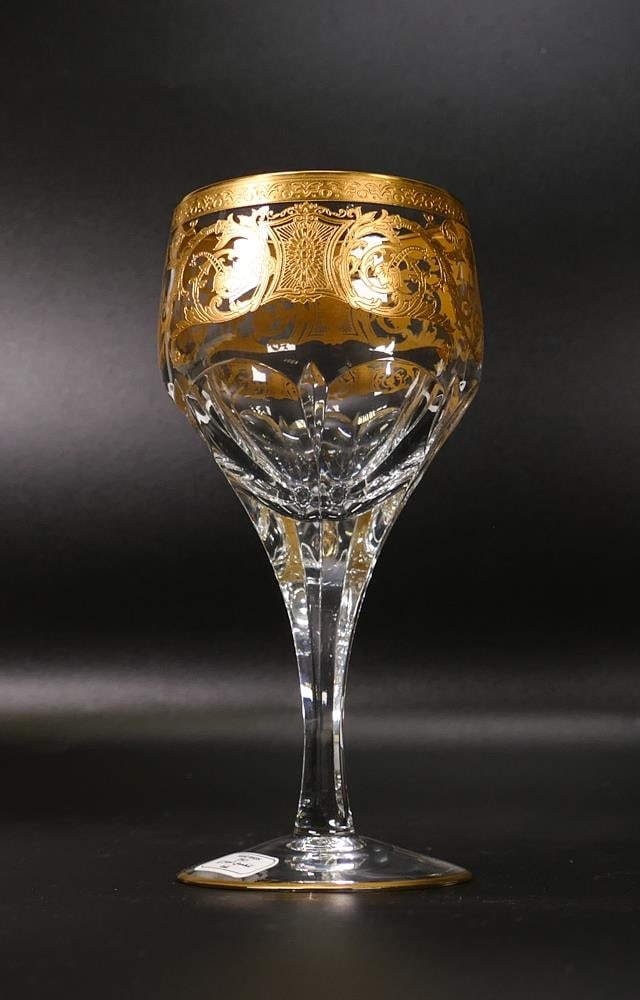 Four De Lamerie Fine Bone China heavily gilded Robert Adam Pattern Red Wine Glass Goblets in: Four De Lamerie Fine Bone China heavily gilded Robert Adam Pattern Red Wine Glass Goblets in presentation boxes , specially made high end quality item, Made in England, in presentation packaging, heig