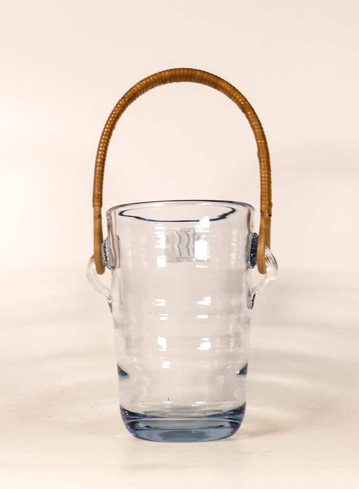 Per Lutken for Holmegaard, Light Blue Glass Ice Bucket with wicker handle. Height: 15.7cm: Per Lutken for Holmegaard, Light Blue Glass Ice Bucket with wicker handle. Height: 15.7cm