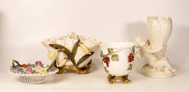 A collection of 19th Century Pottery to include Moore Bros relief decorated vases, restored Minton: A collection of 19th Century Pottery to include Moore Bros relief decorated vases, restored Minton salt glaze figure vase & Crown Staffordshire bowl, tallest 19cm(4)