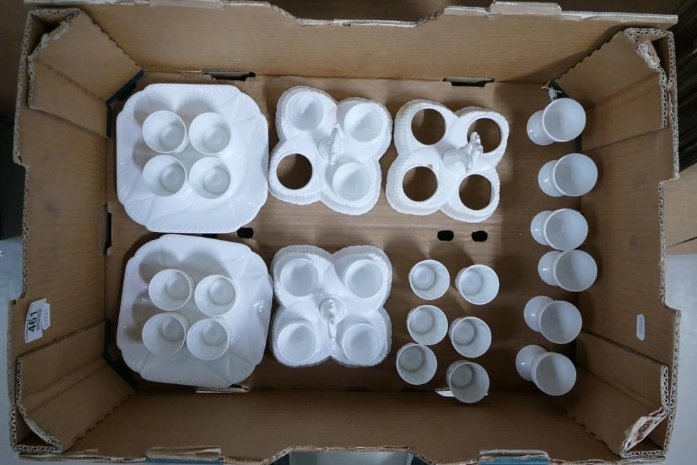 Shelley Dainty white to include 3 egg cup holders ( 2 with egg cups), 2 egg cup plates with 4 egg: Shelley Dainty white to include 3 egg cup holders ( 2 with egg cups), 2 egg cup plates with 4 egg cups, 6 footed egg cups and 6 footless egg cups (32 pieces)
