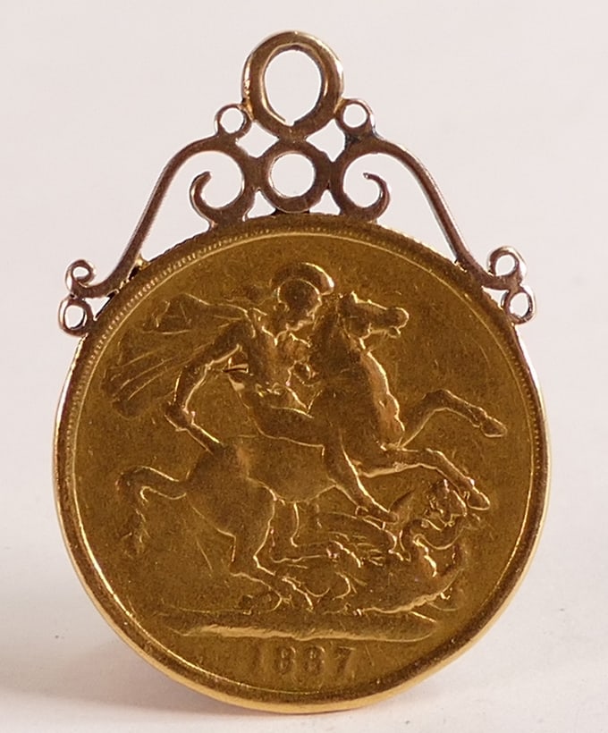 Gold Double Sovereign,Victoria,dated 1887, ?2 piece with souldered 9ct gold mount, 16.4g. (1 of 1)