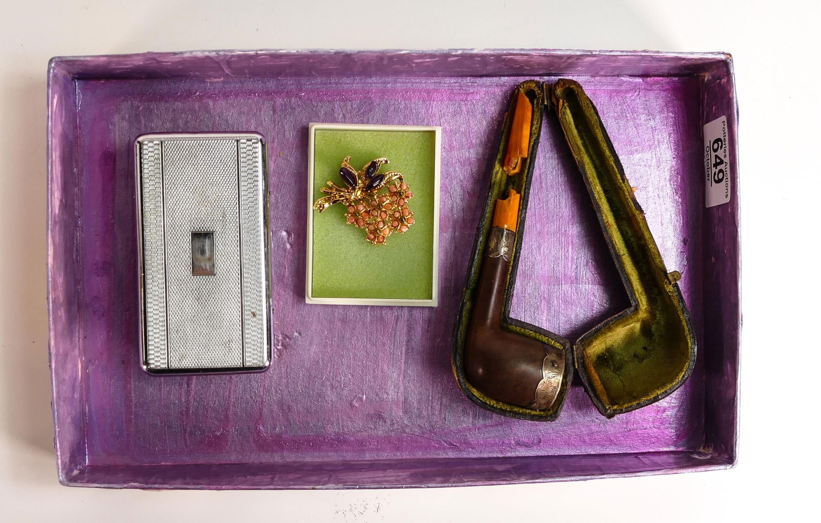 Edwardian Silver Banded Smoking Pipe with damaged mouthpiece , chromed brush & costume jewellery (1 of 1)
