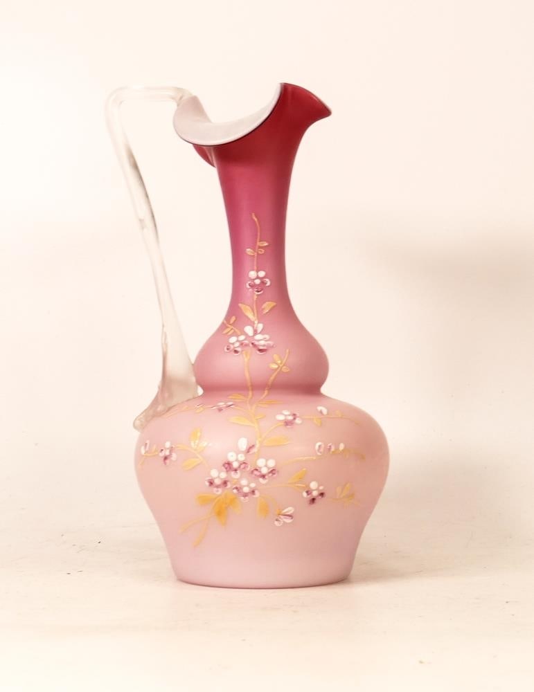 In the manner of Thomas Webb, Satin Glass Ewer with Enamel Floral Decoration. Height: 22cm: In the manner of Thomas Webb, Satin Glass Ewer with Enamel Floral Decoration. Height: 22cm