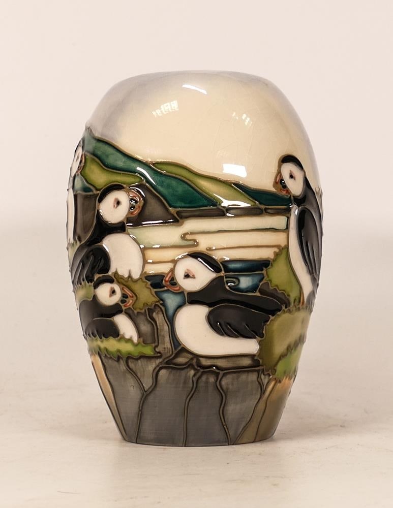 Moorcroft Puffins vase dated 1997. Height 13.5cm. Boxed . All over crazing (1 of 1)