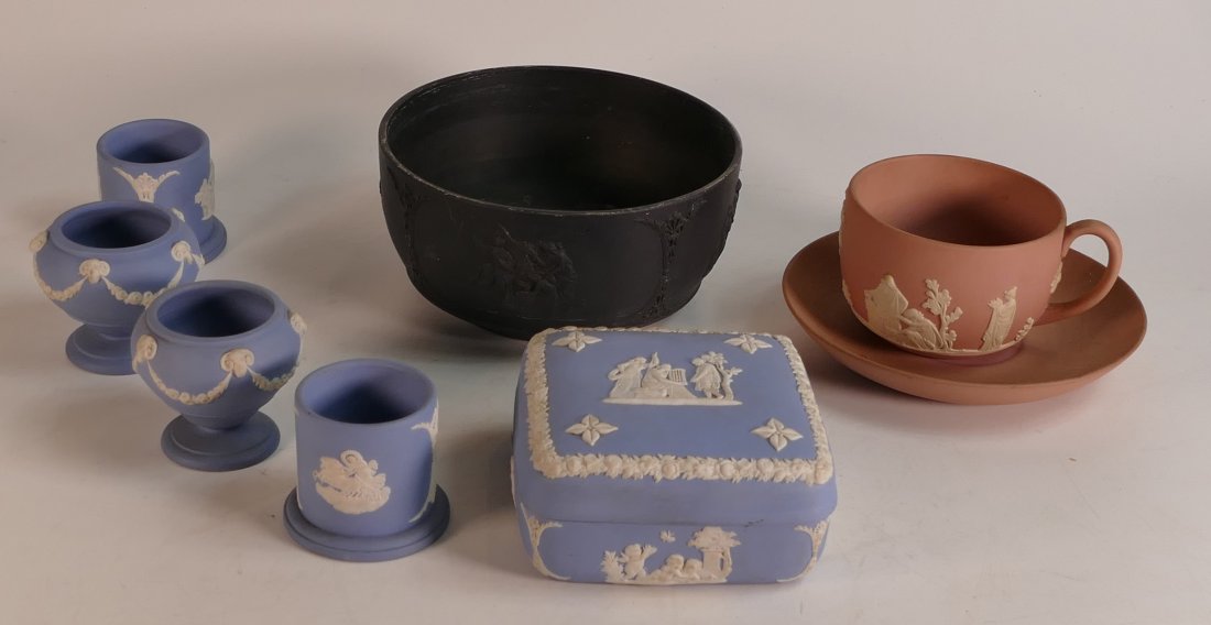 A collection of Multi Coloured Wedgwood including Pink Cup & Saucer Set, Black Basalt bowl, Blue (1 of 1)