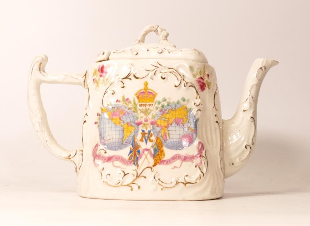 Queen Victoria Diamond Jubilee Year 1897 Commemorative teapot with sliding lid, height 16cm: Queen Victoria Diamond Jubilee Year 1897 Commemorative teapot with sliding lid, height 16cm