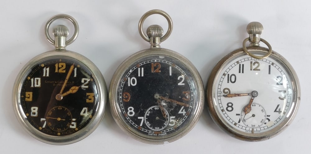 3 x military keyless pocket watches - Carley & Clemence Ltd, A 7077 winds and ticks, together with 2 (1 of 1)