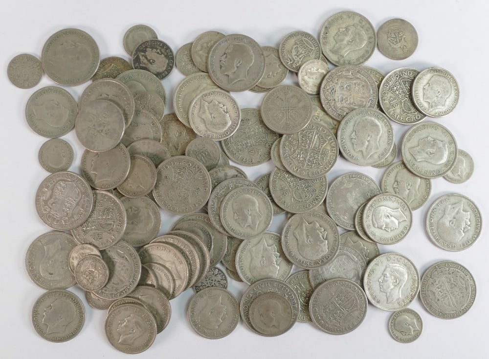 Large group of pre 1946 UK 50% / .500 silver coinage of various denominations.  Weight 890g. (1 of 1)