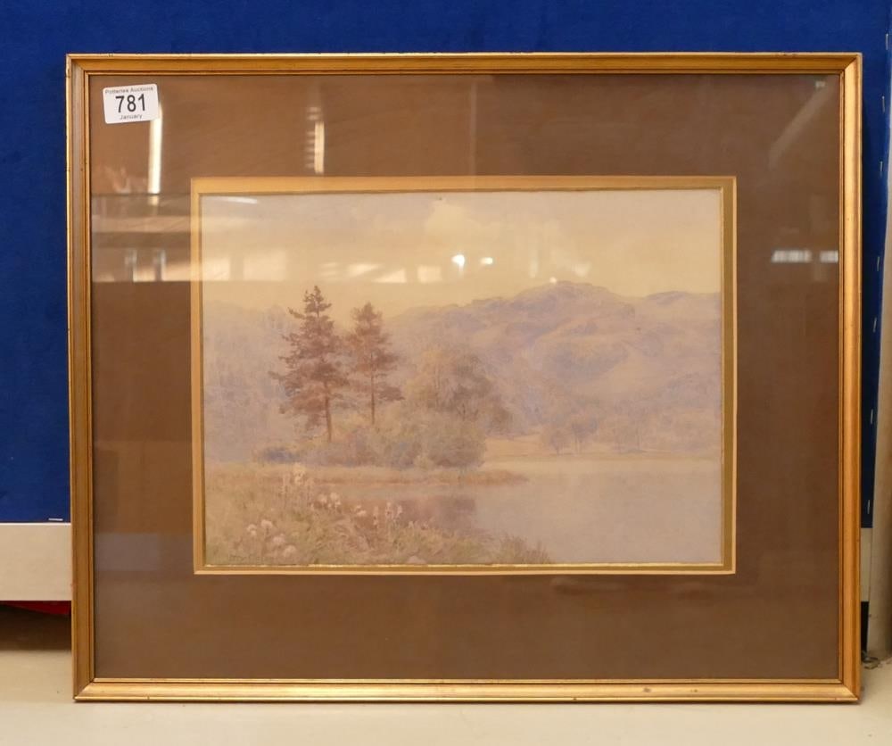 Percy Mason Watercolour, lake in Mountain landscape 26cm x 37cm excluding frame, slip or mount.: Percy Mason Watercolour, lake in Mountain landscape 26cm x 37cm excluding frame, slip or mount. Overall 46cm x 56cm.