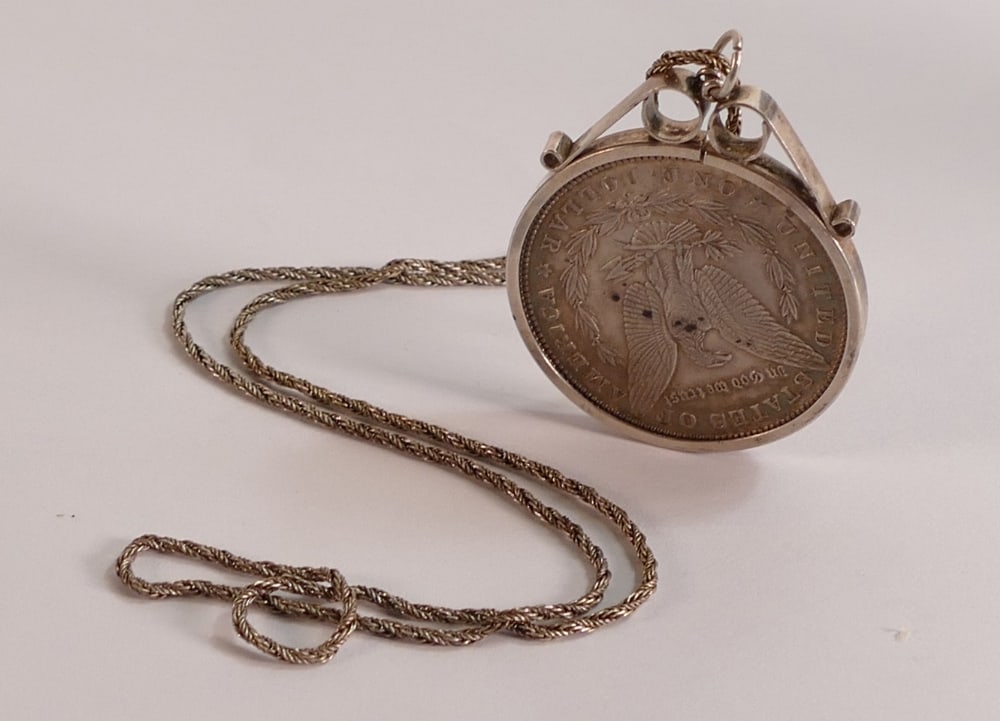 Silver US dollar dated 1880, in silver mount & chain, 36.2g. (1 of 1)