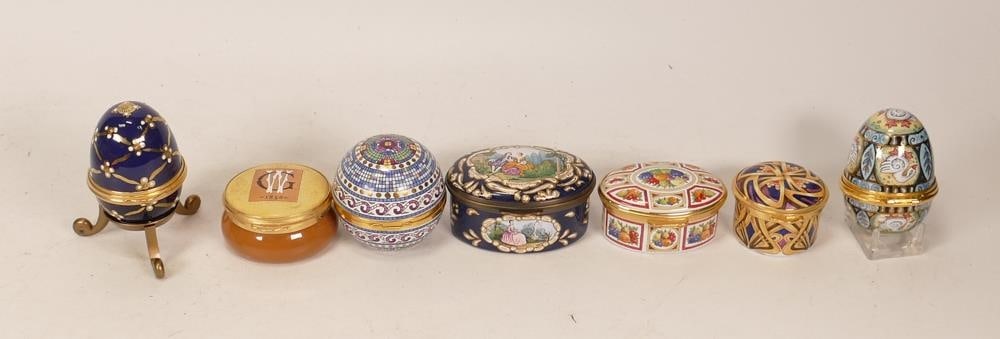 A collection of Staffordshire Enamels Pill Boxes & Eggss including limited edition Liberty patterned: A collection of Staffordshire Enamels Pill Boxes & Eggss including limited edition Liberty patterned items(7)