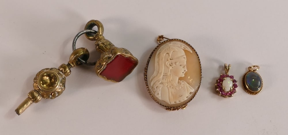 9ct gold framed Victorian cameo brooch 30mm high, 2 x 9ct gold hallmarked pendants - black opal (1 of 1)