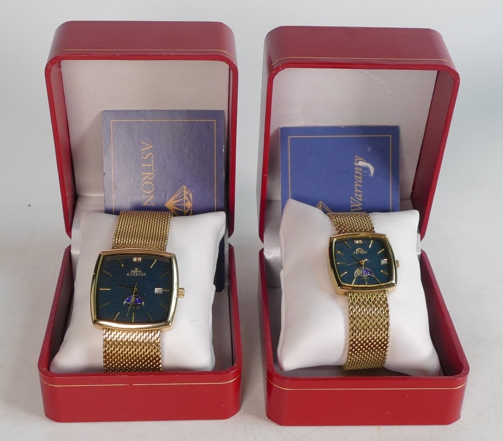 Astron gold plated ladies & gentleman's quartz wristwatches, both boxed with warranty cards. (2) (1 of 1)