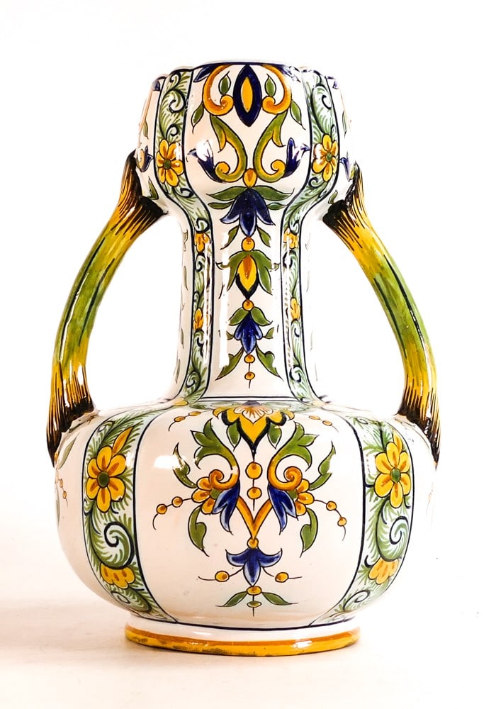 Fourmaintraux Factory, French Faience twin handled vase, decorated in stylised floral and foliate (1 of 4)