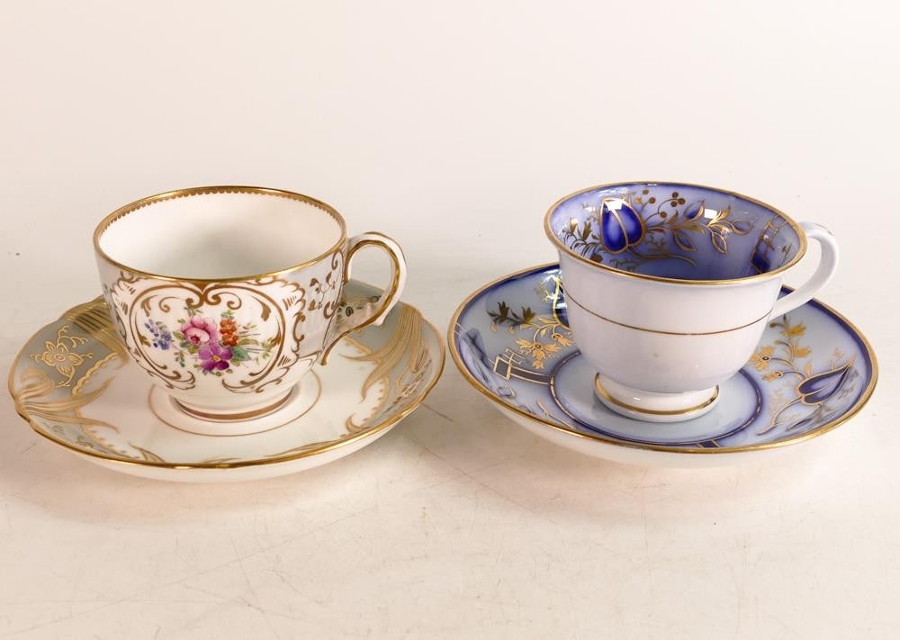 Two 19th century English porcelain tea cup and saucers. One in Flow blue and gilt pattern number 656 (1 of 3)