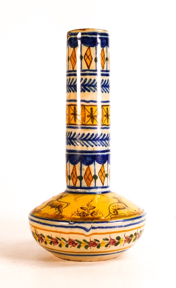 19th century Spanish Talavera bottle vase, with underglaze animal vignettes. Height: 29.5cm Glaze (1 of 3)