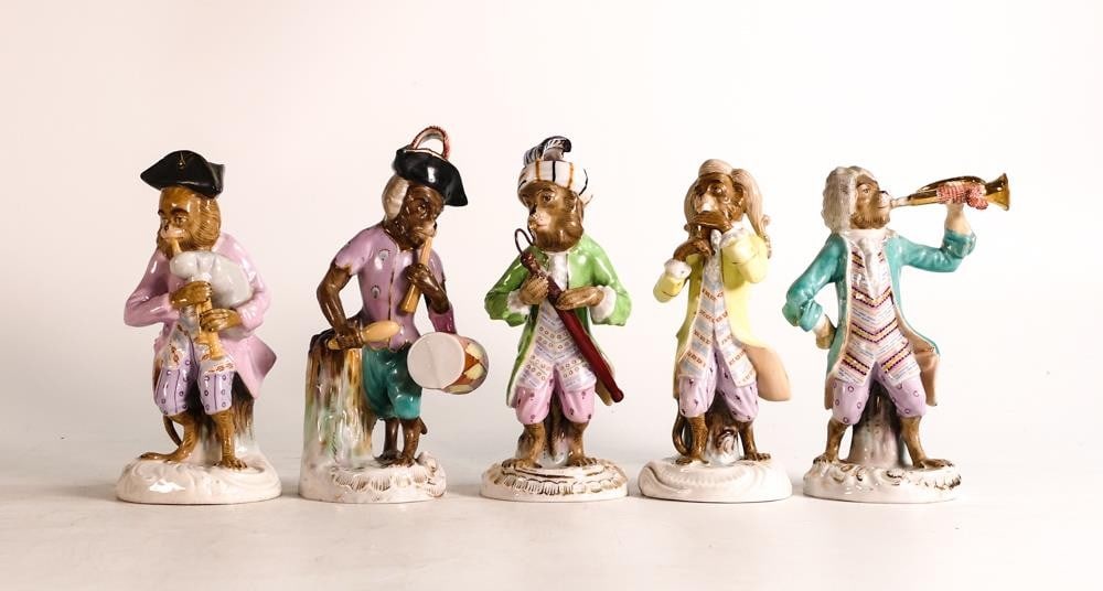 A collection of Meissen or similar Monkey Band figurines. (5) (1 of 3)