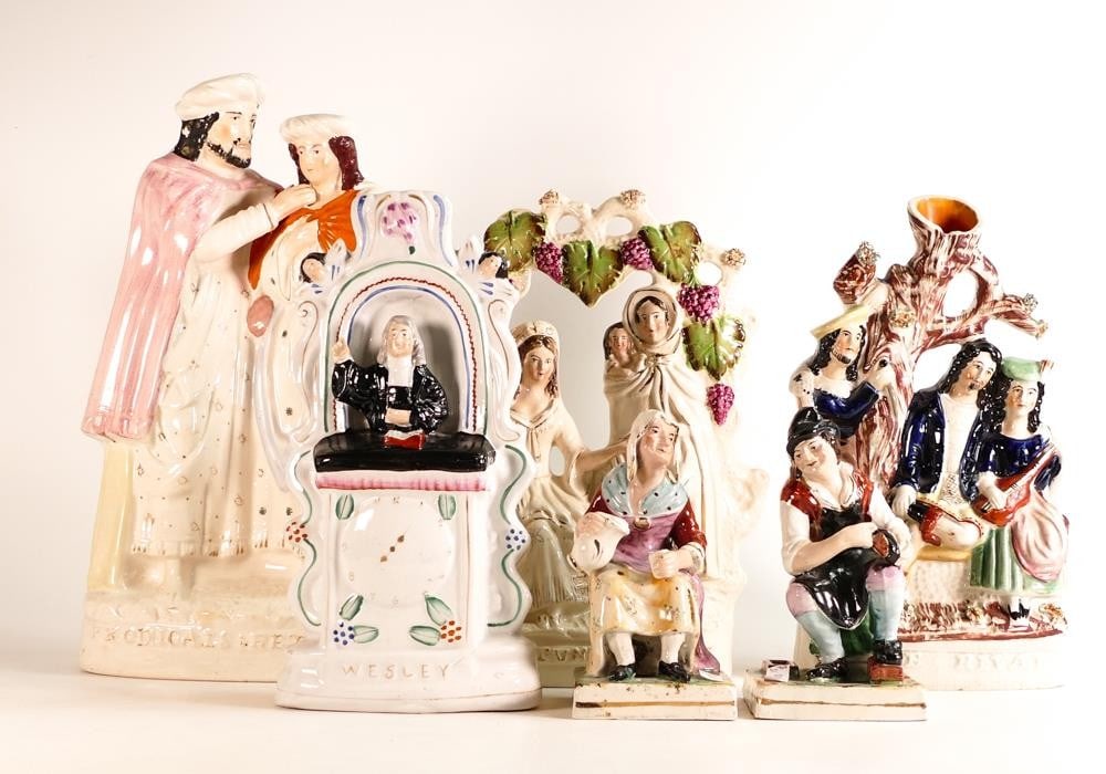 A collection of six Victorian Staffordshire figures to include Fortune Teller, The Rival, Prodigals: A collection of six Victorian Staffordshire figures to include Fortune Teller, The Rival, Prodigals Return, Rev. John Wesley and a pair of Jobson and Nell figures from the Kent Factory. Height of tall