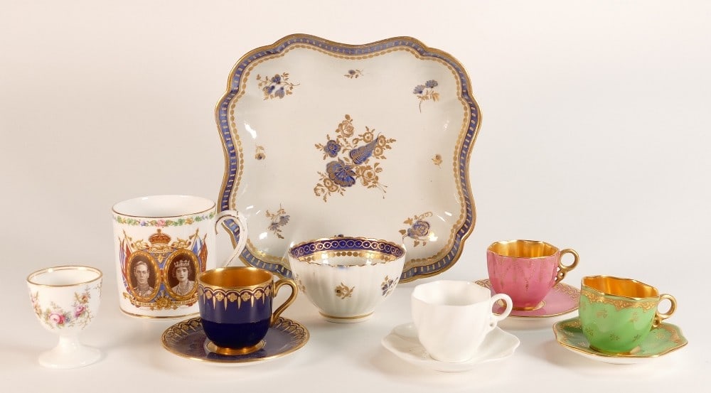 A collection of Coalport gilded cabinet coffee cans & saucers, Salopian pottery shaped dish and (1 of 2)
