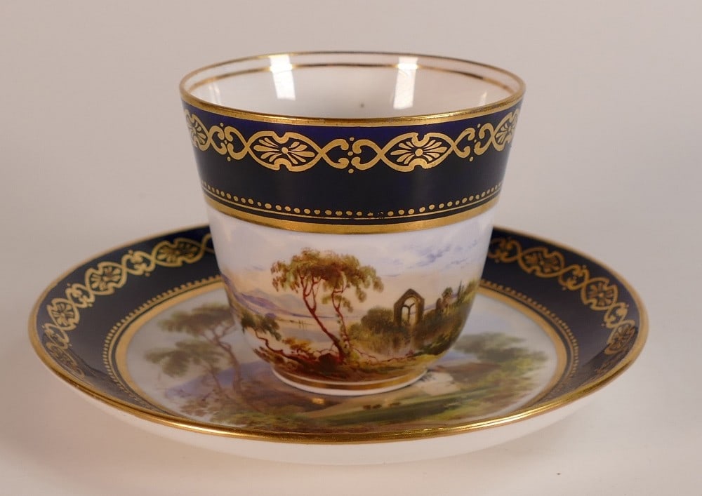 Coalport Salopian tea cup with hand painted romantic landscape. Height: 8cm (1 of 5)