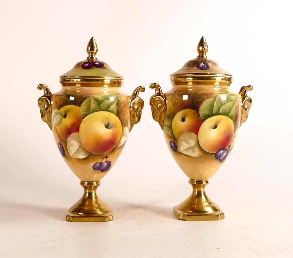 Pair of Coalport prestige hand painted lidded twin handle vases. Still life fruits, signed A. (1 of 5)