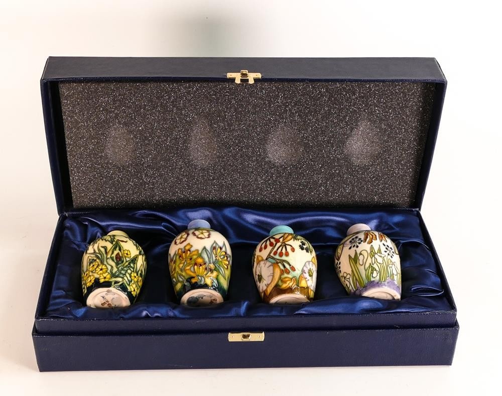 Moorcroft boxed set of Four Seasons vases. Designed by D Hancock, dated 2000. Height 9cm. Silver (1 of 2)