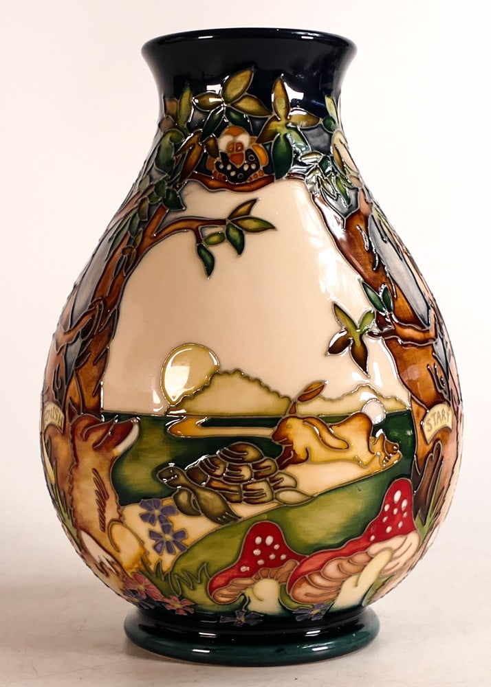 Moorcroft Tortoise & The Hare pattern vase signed N Slaney, dated 2008, height 19cm, boxed. (1 of 3)